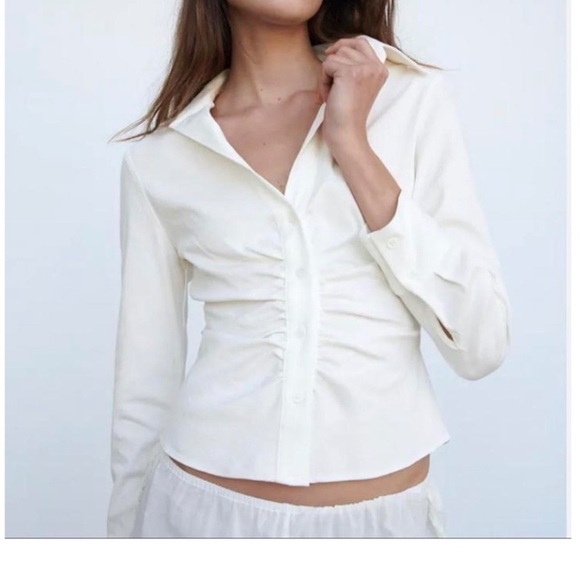 Zara Cream Ruched Button-Down Women's Shirt - Picture 1 of 7